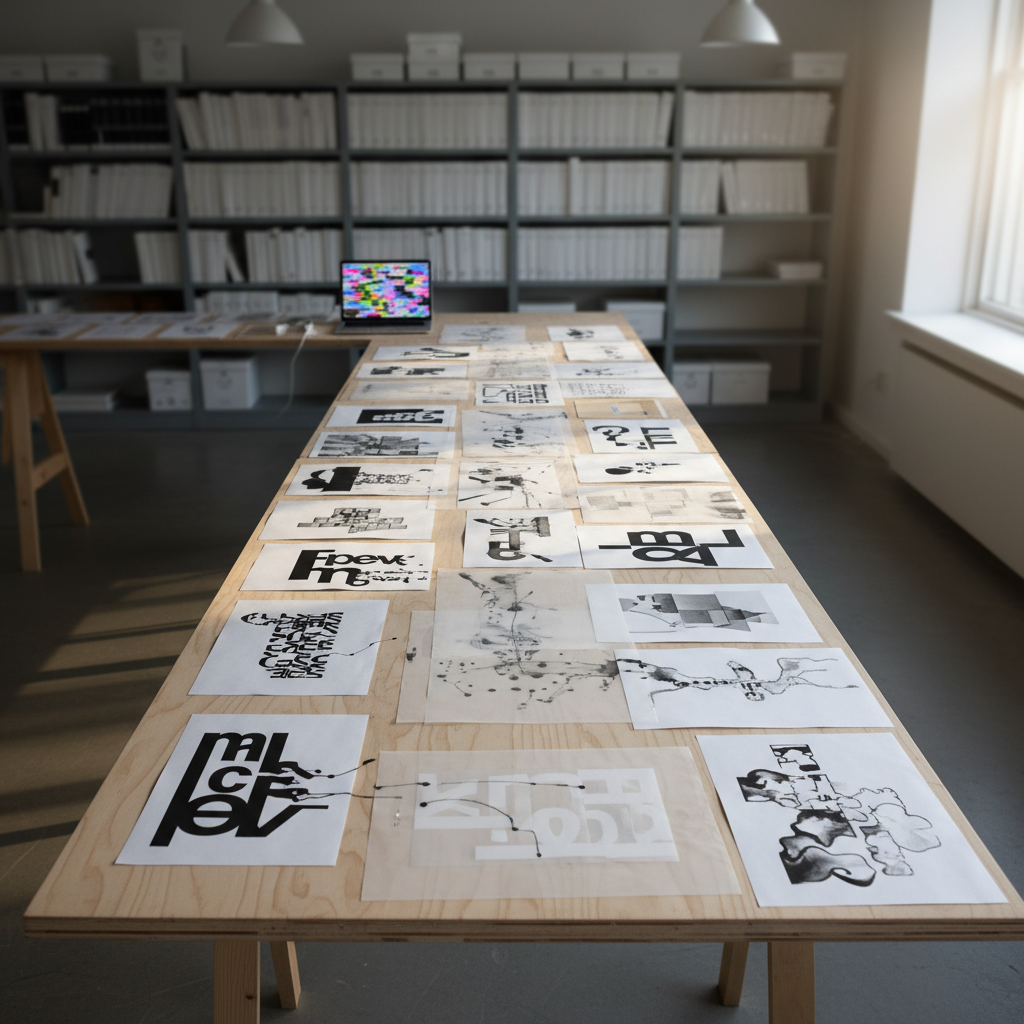 A long, narrow worktable in a minimalist studio, captured in photographic realism from a wide, slightly elevated perspective. Along the table, overlapping sheets of various sizes display visual and concrete poetry: bold typographic blocks dissolving into abstract shapes, delicate ink washes, and layered, translucent vellum with ghostly marks. A laptop displaying a fragmented, colorful glitch-art composition glows at one end, its screen reflection faintly visible on the table’s matte surface. Soft, cool overhead lighting mixes with subtle late-afternoon window light, producing gentle shadows and a thoughtful, experimental mood. Background shelves hold orderly rows of unmarked book spines and archival boxes, softly blurred to keep attention on the evolving hybrid works spread across the central plane.
