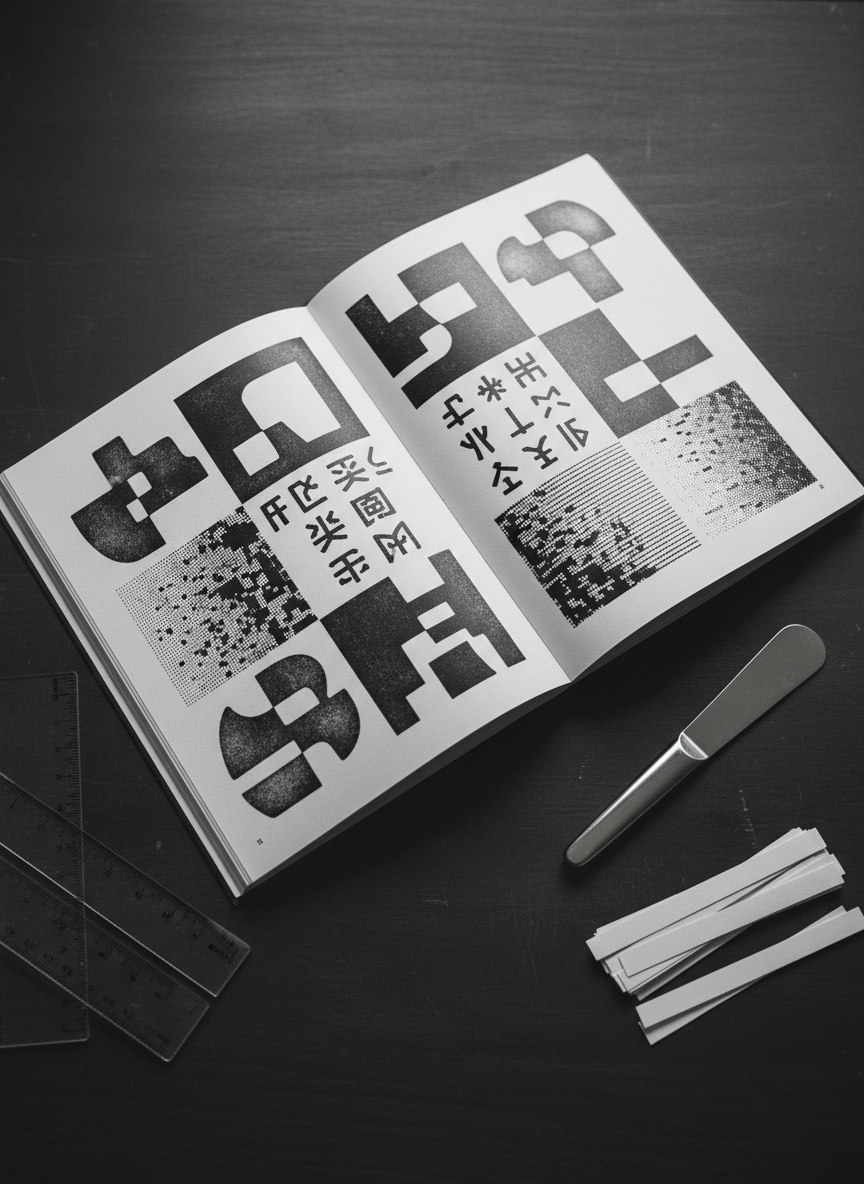 An open risograph-printed book lying flat on a dark, unvarnished plywood desk, its pages filled with dense visual poetry: blocks of grayscale shapes, scattered glyph-like marks, and glitch-like halftone gradients. Nearby, transparent rulers, a metal bone folder, and a small pile of trimmed paper strips subtly intrude into the frame, suggesting a work-in-progress. Overhead, soft studio lighting creates a low-contrast, contemplative atmosphere with minimal reflections. The composition is asymmetrical, shot from a high angle, with the focus sharply on the central spread while the tools fall into a gentle blur. Photographic realism with a calm, sophisticated mood that emphasizes the tactile relationship between text, image, and the micro-press craft.