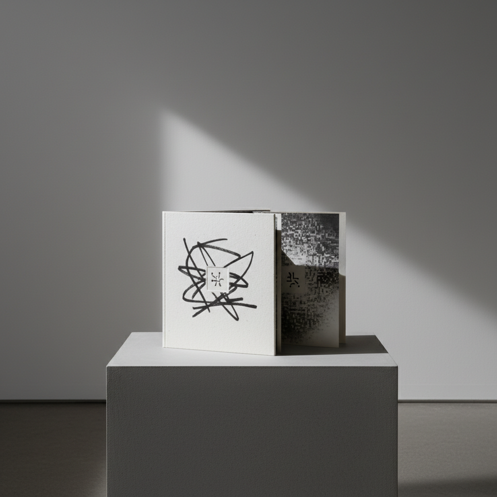 A single, square-format artist book displayed on a low pedestal against a plain, soft-gray wall, photographed at eye level with clean, photographic realism. The cover is off-white, almost tactile in its fiber texture, interrupted only by a small, debossed abstract symbol that hints at language without forming it. The book is slightly open, revealing an inner spread of stark black, hand-drawn lines intersecting with faint digital pixelation, suggesting both analog and generative origins. A focused spotlight from above-left creates a crisp highlight along the spine and a gradient across the wall, while the foreground falls into gentle shadow. The composition is centered and uncluttered, evoking a gallery exhibition of an innovative, genre-defying publication from a sophisticated micro-press.