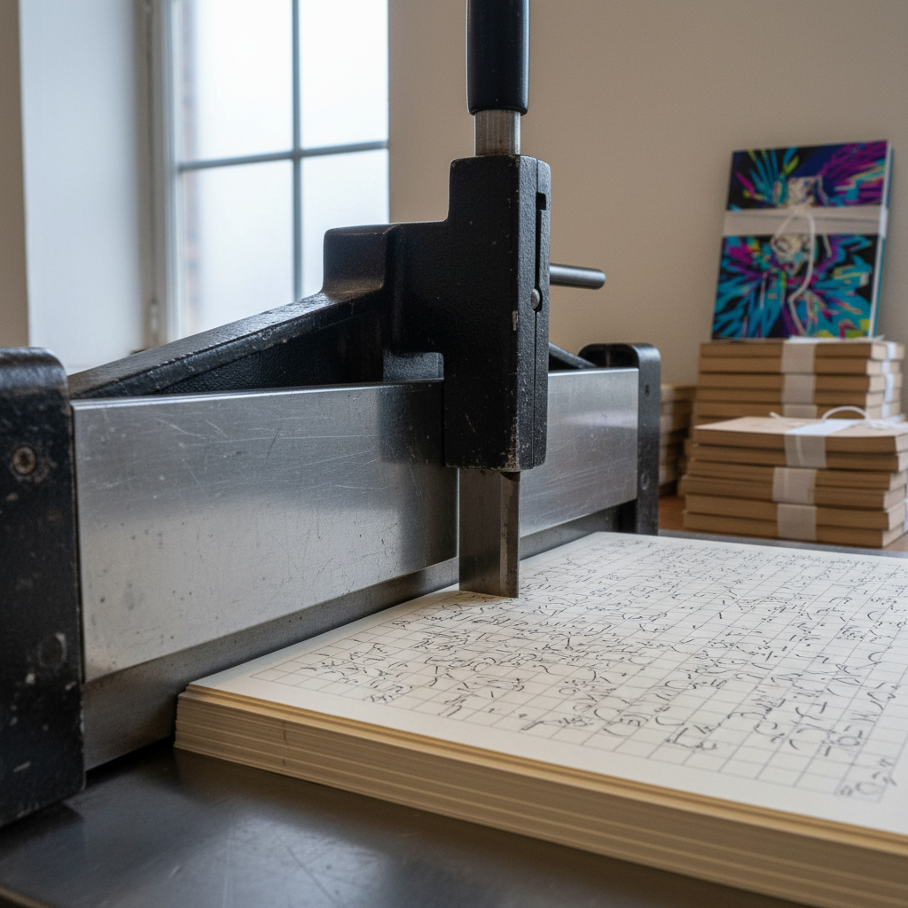 A close-up of a large, heavy-duty steel paper cutter, its blade locked open above a stack of thick, cream-colored art paper printed with barely legible, asemic markings and faint grids. The metal surface shows fine scratches and subtle oil smears, catching cool side light from a narrow window just out of frame. In the background, softly out of focus, sit neatly banded bundles of small books and a single vibrant, glitchy cover peeking through. Photographic realism with a slightly low angle, emphasizing the mechanical precision and tension between industrial tool and fragile experimental pages. The atmosphere is focused and quietly intense, evoking meticulous small-batch production at an avant garde press.