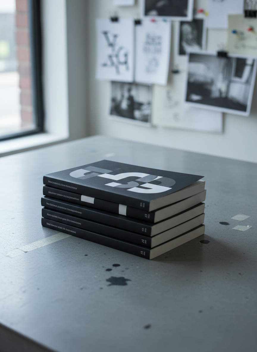 A stack of slim, matte-black chapbooks with stark white spines, each cover featuring abstract geometric shapes that almost resemble letters but never quite resolve into text. The books rest slightly askew on a smooth concrete tabletop marked with faint ink smudges and tape residue, suggesting an active studio. Cool, diffused window light from the left creates gentle gradients across the covers and elongated shadows to the right. In the softly blurred background, a wall of pinned, overlapping paper fragments and monochrome prints hints at ongoing experiments. Photographic realism, shot at a slightly elevated three-quarter angle with a shallow depth of field, sophisticated and minimalist, evoking careful editorial curation and avant garde literary practice.